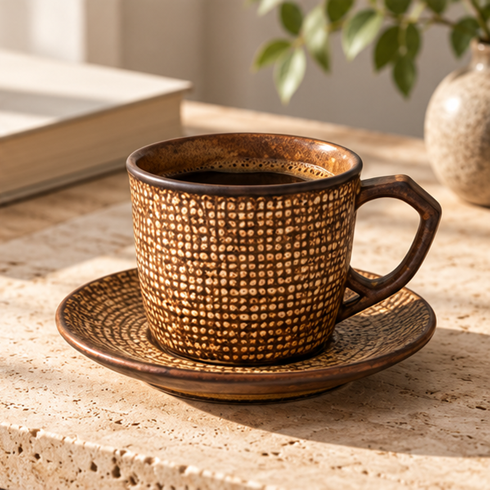 Brown Textured Ceramic Tea Cup with Saucer
