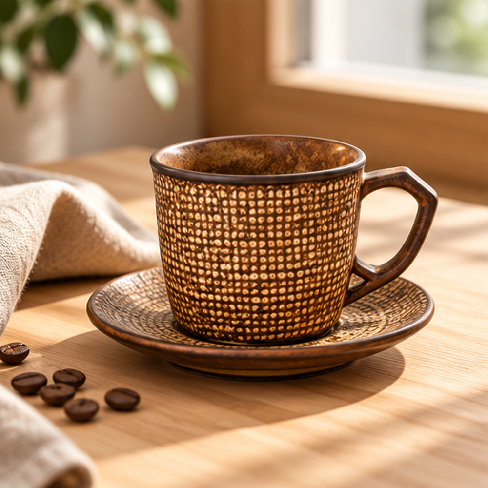 Brown Textured Ceramic Tea Cup with Saucer