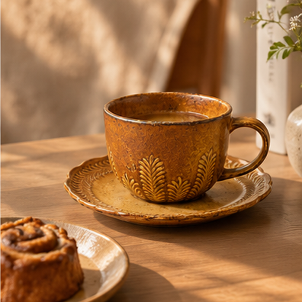 Brown Ceramic Coffee Cup with Saucer – Leaf Embossed