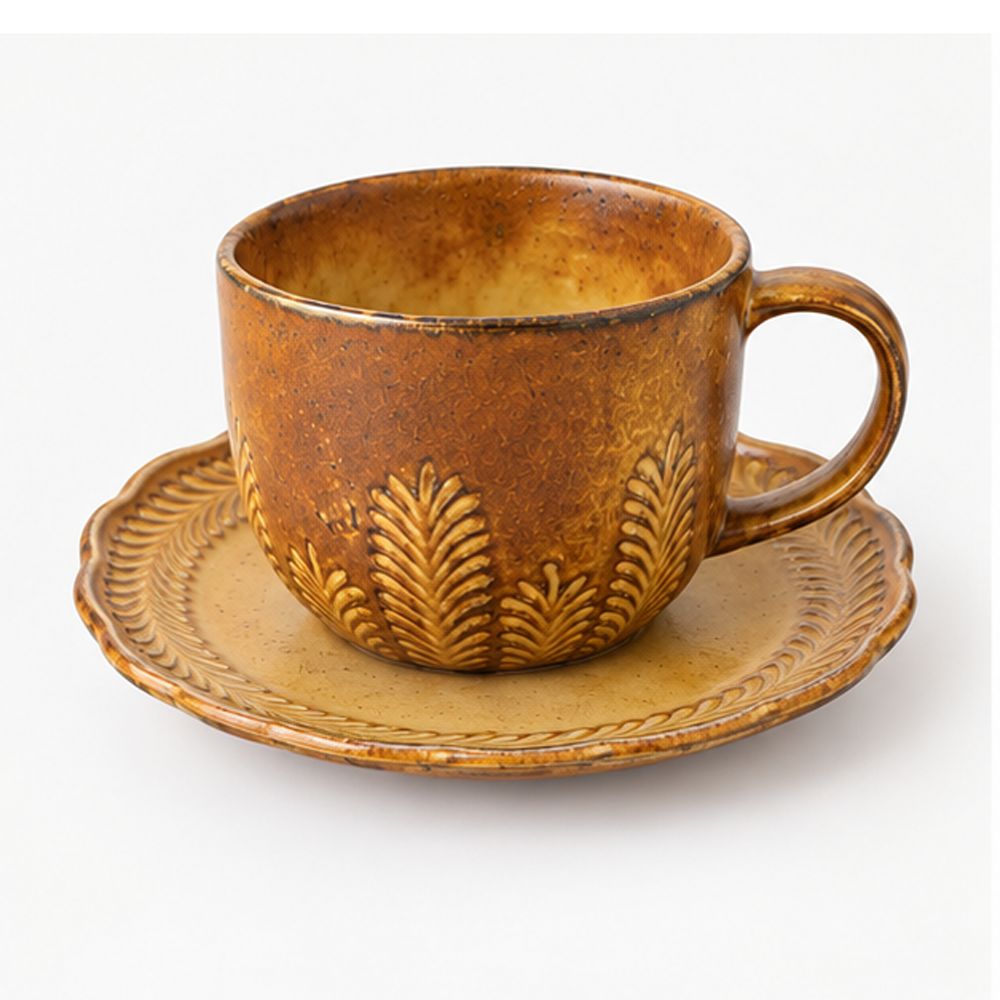 Brown Ceramic Coffee Cup with Saucer – Leaf Embossed