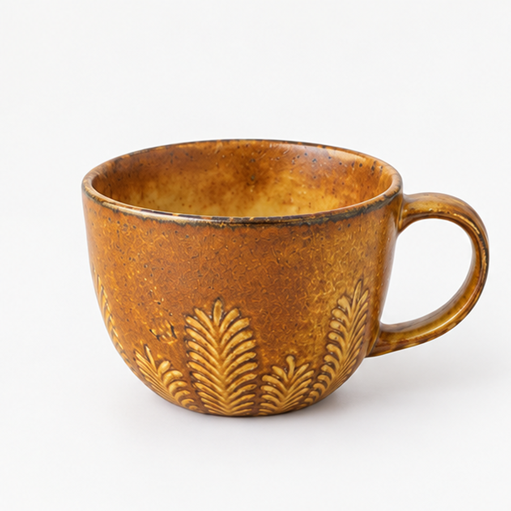 Brown Ceramic Coffee Cup with Saucer – Leaf Embossed