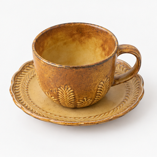 Brown Ceramic Coffee Cup with Saucer – Leaf Embossed