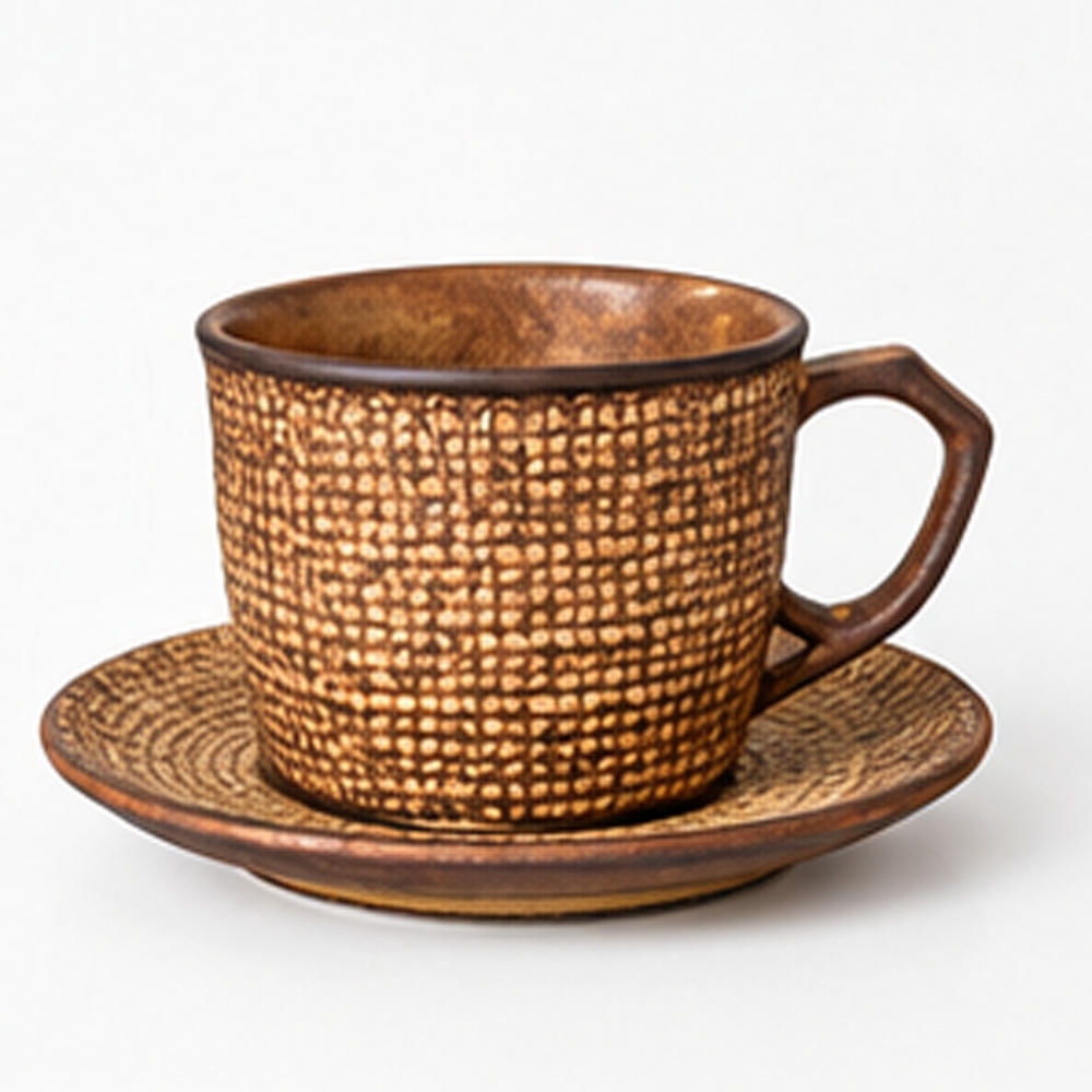 Brown Textured Ceramic Tea Cup with Saucer